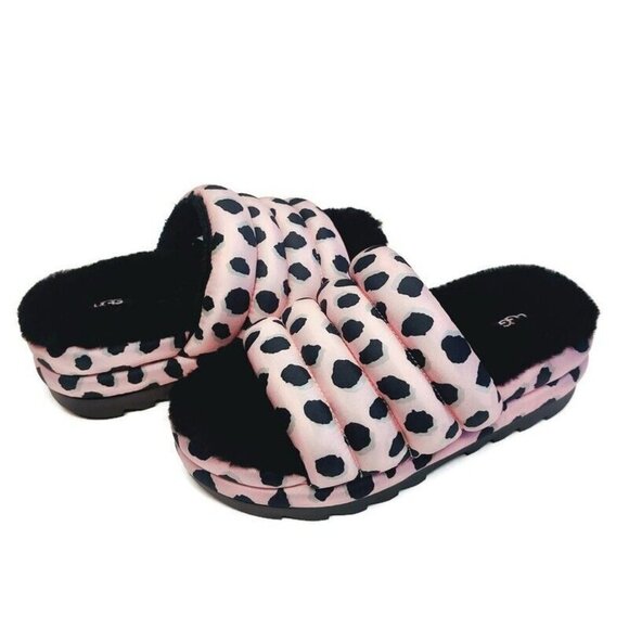 UGG Womens 8 Maxi Slide Cheetah Print Sheepskin Platform Slippers Pink Scallop - Picture 8 of 8